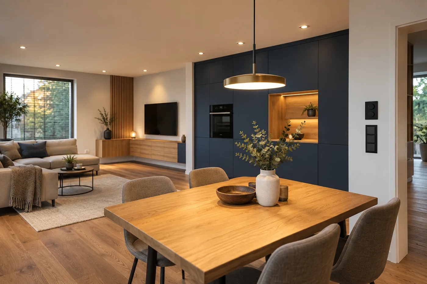 Illustrative modern interior with warm lighting